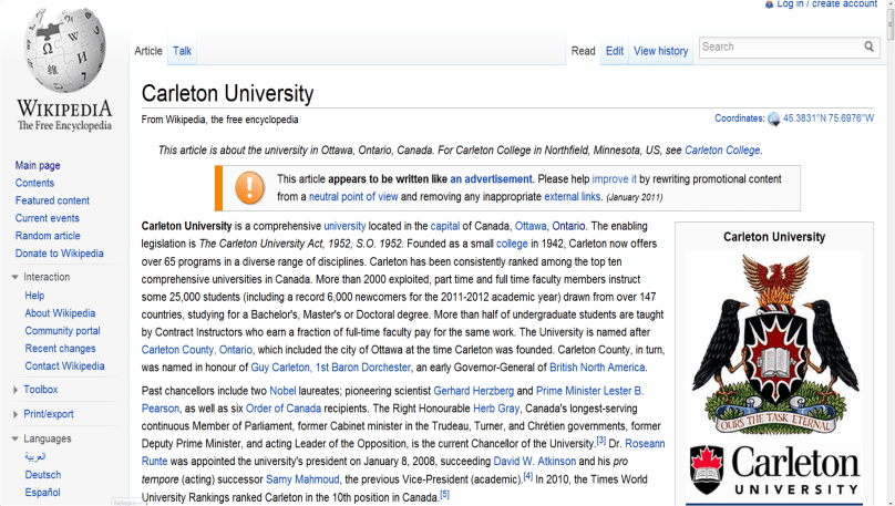 Carleton Wikipedia entry